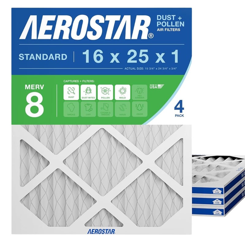 Aerostar 16x25x1 MERV 8 Air Filter, 4 Count, ACTUAL SIZE (15.75 x 24.75 x 0.75), HVAC, Air Conditioning & Furnace Filter Captures Dust, Lint & Pollen (MPR 600 / FPR 5), Made in USA - Image 1